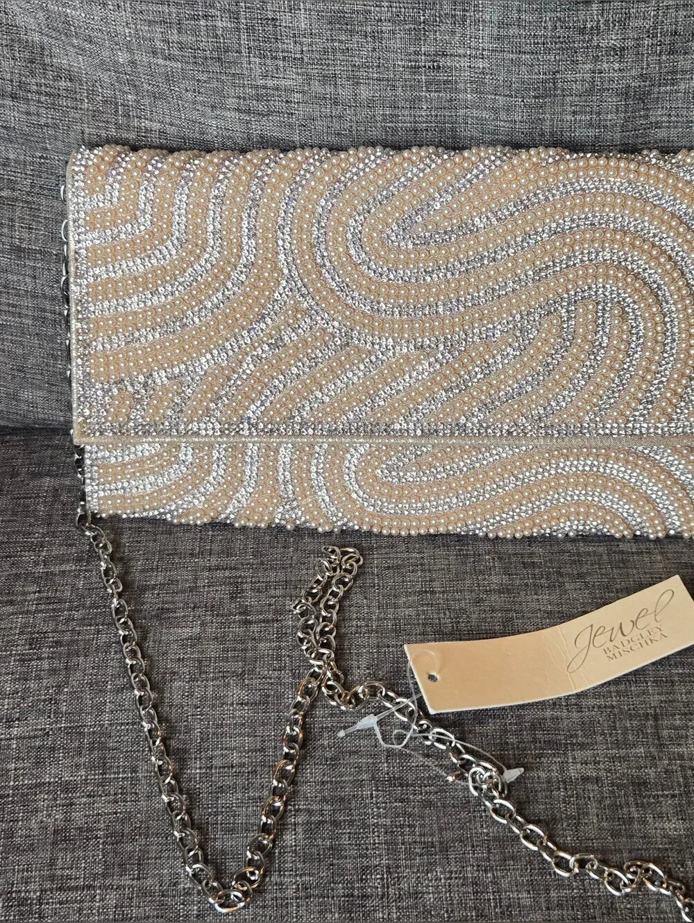 Badgley Mischa Jewel Elegant Gold Champagne Beaded Clutch With Silver Chain NWT